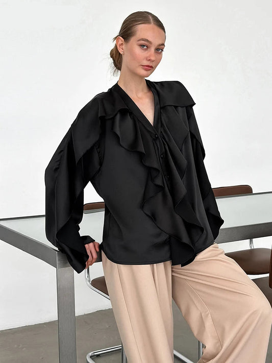 Elegant V-Neck Satin Ruffled Blouses Women