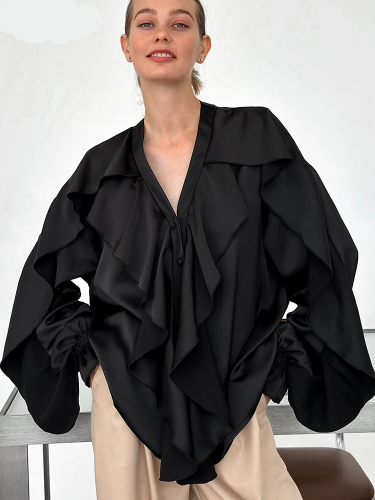 Elegant V-Neck Satin Ruffled Blouses Women