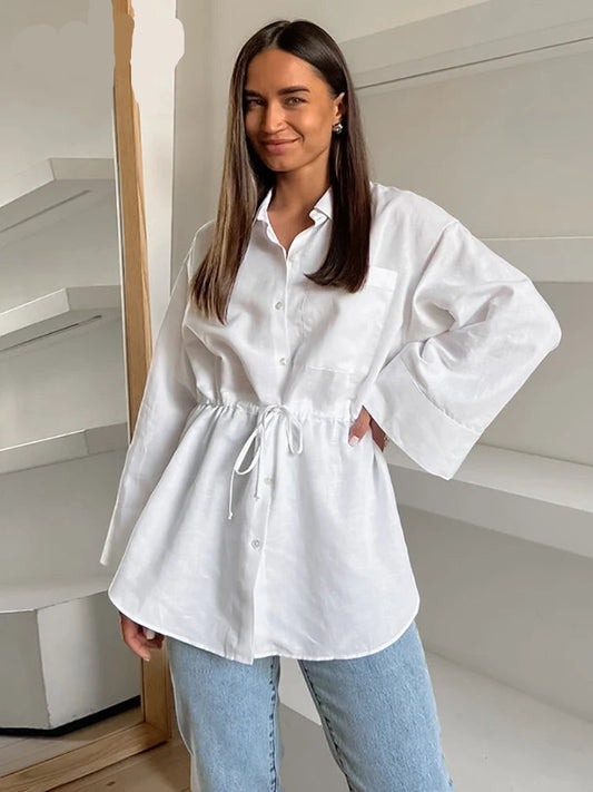 White Cotton Linen Drawstring Shirts Women's